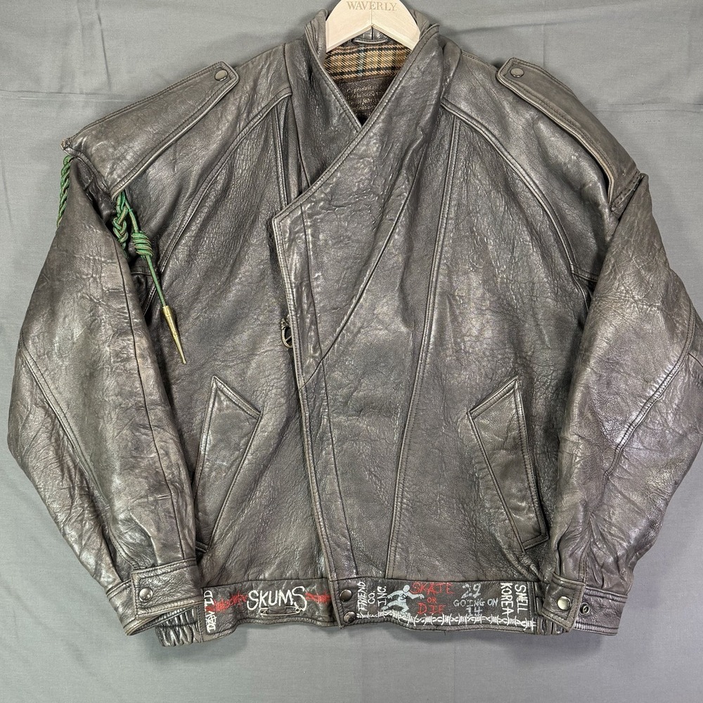 Vintage Punk Moto Jacket Plaid Lined Hand Painted 90s Size Large Grunge Unique